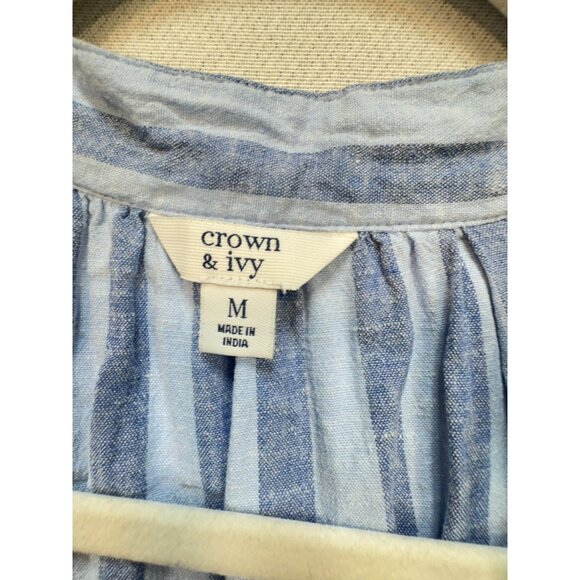 Crown & Ivy Womens Peplum Blouse Top Size M BlueStriped Sleeveless Linen Blend - Picture 2 of 12